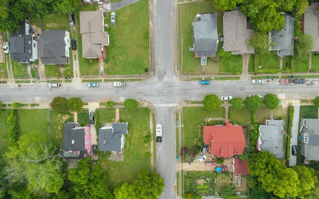 Aerial view of a tree-lined street of single-family homes and yards