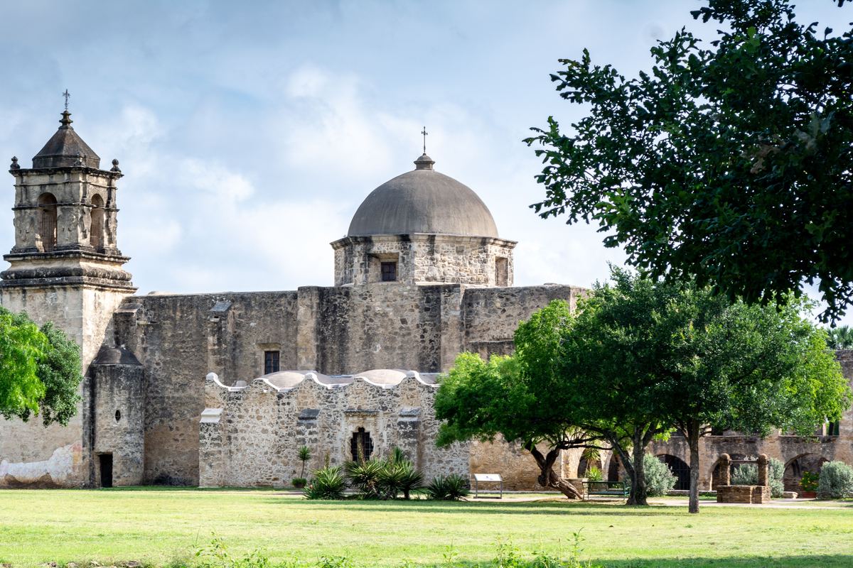 Dome and bell tower of Mission San José in San Antonio